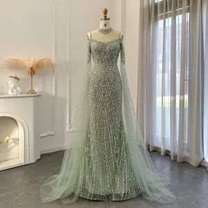 Gaun malam Dubai mewah putri duyung Sage Green dengan gaun pesta Formal pernikahan ungu wanita elegan lengan jubah 2024