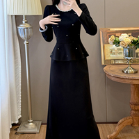 Ensemble deux pièces élégant en strass avec péplum pour l'automne-hiver, manches longues, grande taille, coupe ajustée, longueur midi