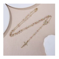 Collier de longues perles de chapelet en or Collier de cœur de la Vierge Marie catholique avec bijoux en laiton et pierre de zircon