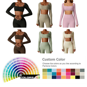 New Wholesale Custom High Quality Recycled Crop Long Sleeve 2 Piece Yoga Flare Pants Set Plus Size Gym Fitness Sets for <b>Women</b> - Product Image 2