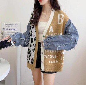 Cárdigan con estampado de leopardo y costuras de mezclilla de Color en contraste a la moda nueva chaqueta de suéter de punto holgada de otoño e invierno para mujer - Product Image 5