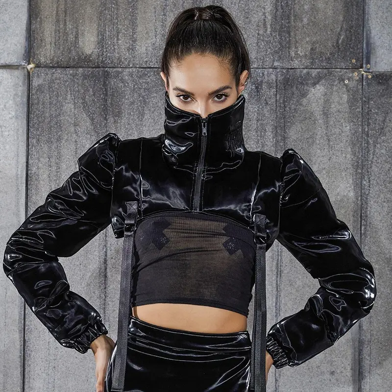 Grosir Pakaian Kepribadian Individu Ritsleting Turtleneck Hitam Lengan Panjang Crop Top Jaket Puffer