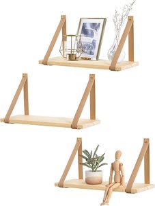 Ensemble de 2 Étagères murales pivotantes modernes avec bracelet en <span class=keywords><strong>cuir</strong></span> Étagères flottantes en bois avec anneaux de suspension - Product Image 5