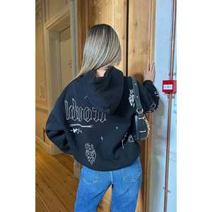 Sweat-shirt oversize noir imprimé pour femme, en soie de haute qualité, avec broderie et impression en relief, style streetwear léger pour l'hiver - Product Image 1