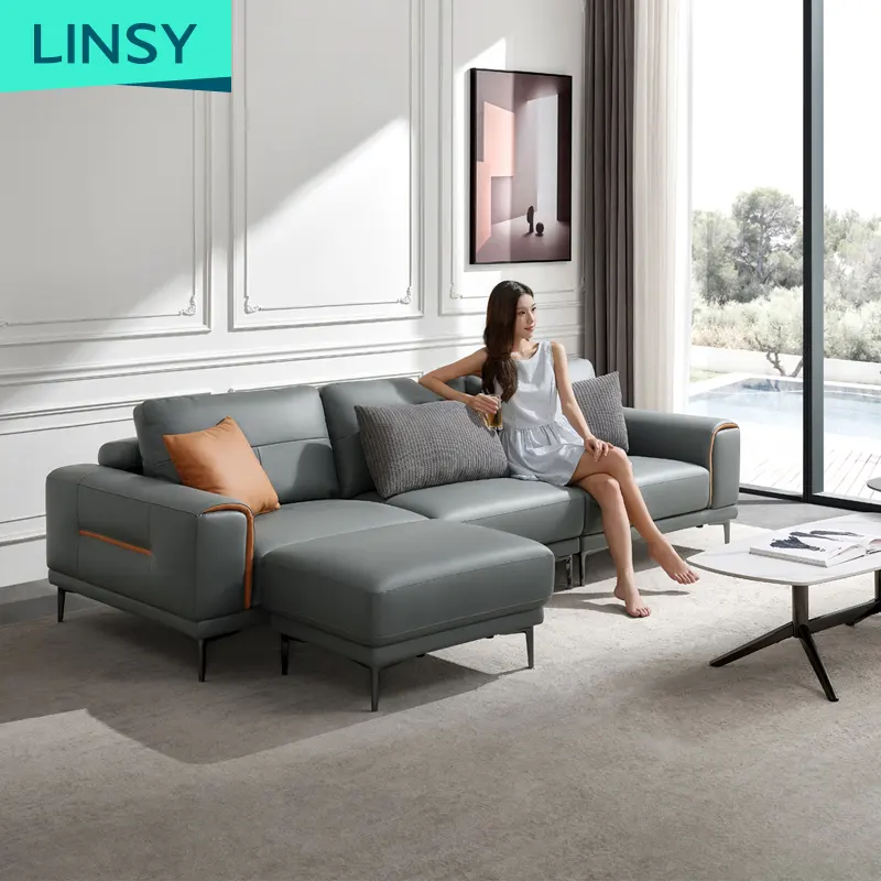 Linsy Nordic Luxury Modern Home Furniture Hardware gamba in pelle soggiorno divano Set con Chaise S178