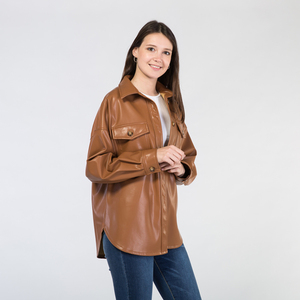 Veste décontractée chaude pour femme en cuir PU à manches longues avec boutons et poches pour l'automne et l'hiver - Product Image 2