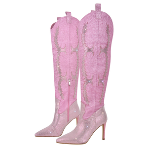Fashion <strong>Sparkly</strong> Cowboy <strong>Boots</strong> Shiny Rhinestone Decor Knee-High High Heel <strong>Boots</strong> for Women Evening - Product Image 1