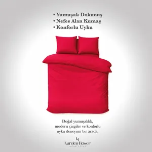 Parure de lit double Karden Flower Aurelia Pure 100% Coton Satiné Rouge Housse de couette Drap plat 2 taies d'oreiller Ensemble de mariage en gros - Product Image 4