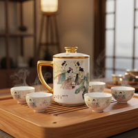 Ensemble de tasses à café en porcelaine fine classique de luxe avec poignée dorée et couvercle, infuseur à thé réutilisable et grande capacité