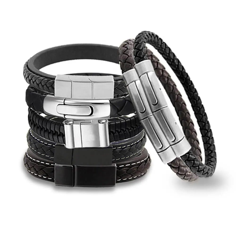 Premium Braided Leather Wristband Stainless Steel Magnetic Clasp Engraving Adjustable Custom Genuine Mens Leather Bracelets