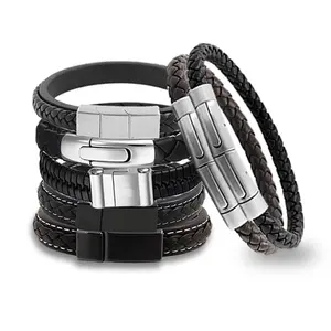 Pulseira De Corda De Couro Trançado Em Aço Inoxidável Fecho Magnético Gravura Ajustável Envoltório Personalizado Pulseiras De Couro Genuíno Mens