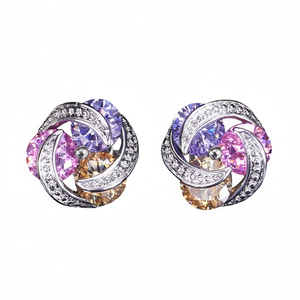 Orecchini a perno di lusso in argento 925 con cristalli, a forma di fiore rosa, viola e giallo, gioielli da festa da donna con strass incastonati a griffe - Product Image 1
