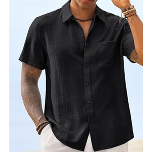 Chemise à manches courtes boutonnée pour homme, noire unie, décontractée, col rabattu, respirante, haut d'été - Product Image 5