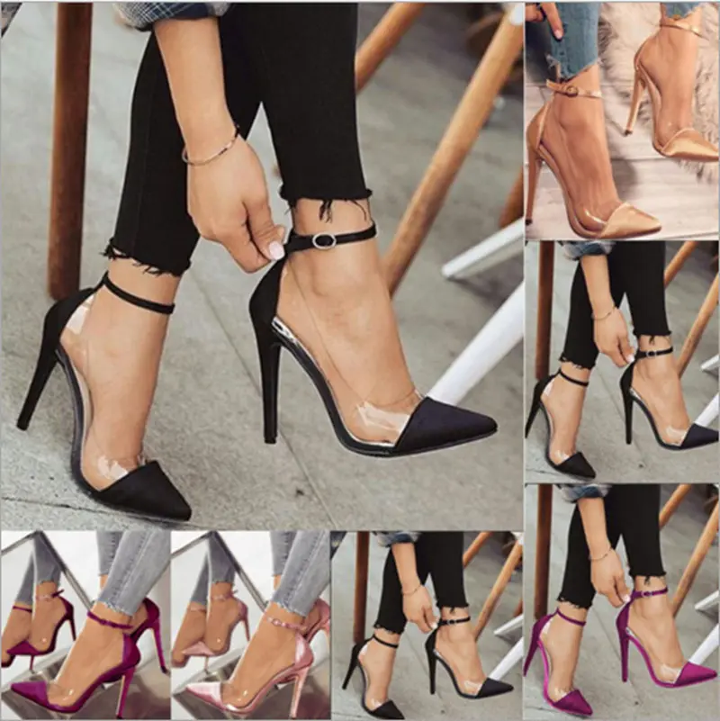 Sepatu Hak Tinggi Wanita, Ukuran Besar 43 Hak Tinggi Ujung Runcing Warna Cocok Transparan Stiletto Tunggal Wanita