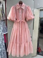 2025 printemps élégant femmes Vintage français vert Maxi robe taille haute bouton à volants manches bouffantes taille naturelle Style doux