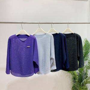 Blusa de Mujer con Cuello Redondo, Tejida y Plisada, de Color Sólido, Hombros Caídos, Manga Larga, Corte Regular, Informal, para Primavera y Otoño, con Apliques - Product Image 5