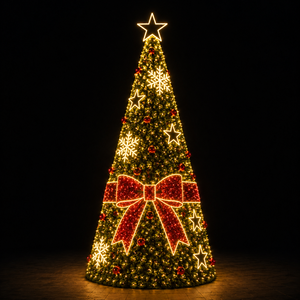 Árbol de Navidad LED Cónico Verde Clásico ODM OEM con Pequeños Lazos Rojos y Luces Blancas Cálidas para Tiendas Minoristas - Product Image 3