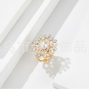 Floral Pearl Rhinestone <b>Ring</b> Gold Tone <b>Crystal</b> Pave Setting Women's Everyday Wear Accessory - Product Image 2