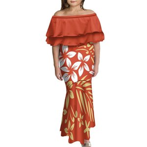 Pacific Island Dress pesta dansa putri duyung wanita, gaun seni cetak Hawaii elegan satu bahu rumbai ekor ikan Logo kustom - Product Image 1