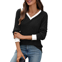 Suéter Básico Casual Holgado de Manga Larga con Cuello en V y Ribetes Blancos en Bloques de Color para Mujer, Tejido Acanalado, Estampado Personalizado