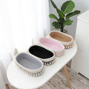 Çok Renkli Oval Püsküllü Pamuk Halat Örgülü Çevre Dostu Dayanıklı Yer Tasarruflu Modern Katlanabilir Saklama Sepeti Ev Düzenleme İçin - Product Image 2