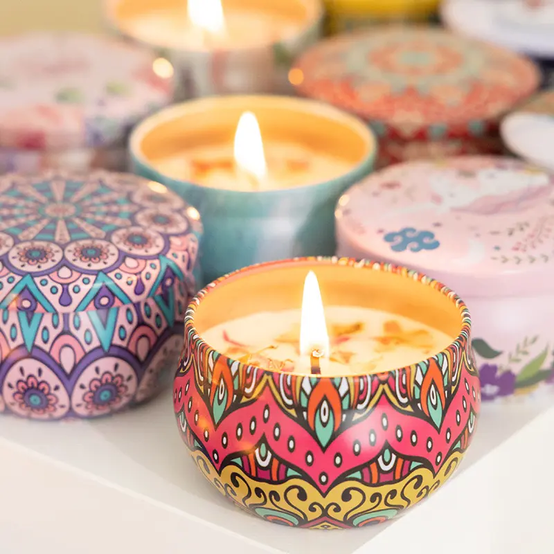 Conjunto de velas luxuosas feitas à mão em cera de soja, aromaterapia para decoração de casa e presente de meditação, vela perfumada com flores secas e novas estanhas