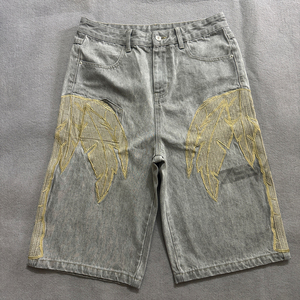 Haute qualité personnalisé Y2k Streetwear en détresse longueur au genou Denim Shorts <span class=keywords><strong>jean</strong></span> coton Vintage lavage à l'acide broderie Baggy Jorts hommes - Product Image 1