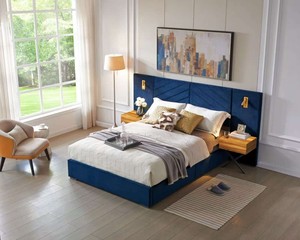 Lit plateforme rembourré en velours doux, taille King Queen, avec rangement, tête de lit capitonnée à cannelures verticales et côtés ailés, en bois robuste - Product Image 1