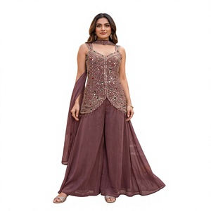 Conjunto de palazzo largo de seda Simar morada con bordado y pedrería, estilo tradicional para boda, corte holgado para mujer - Product Image 1