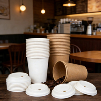 Produits en pulpe de bagasse de canne à sucre 9oz 12oz 16oz, vaisselle jetable écologique, comprenant des couvercles et des assiettes à café