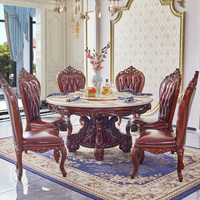 Table à manger ronde en bois massif de style européen avec plateau tournant en marbre et ensemble de chaises, suite de salle à manger de luxe pour villa
