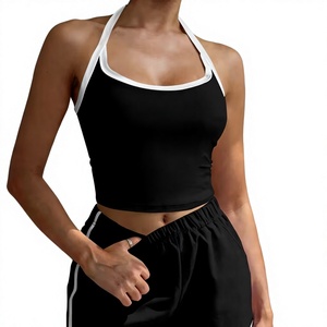 Women 2-Piece Sleeveless Halter Crop Top Shorts Set Striped Breathable Sporty Regular Fit Knitted Fabric Spring Summer Wear - Product Image 3