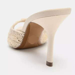 Nouvelles sandales d'été à talons fins et fleurs perlées beiges pour soirées, sandales sexy à talons hauts pour femmes - Product Image 4