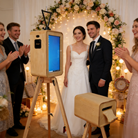 Nouvelle conception de photomaton rétro multifonctionnel en bois, design double face, photomaton en libre-service avec appareil photo reflex numérique
