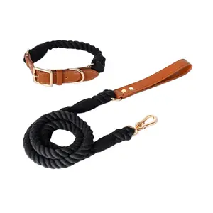 Wholesale Luxury Leather Pet leads Handmade multicolor Ombre Cotton Braided Rope no pull Collar Harness Leash Set