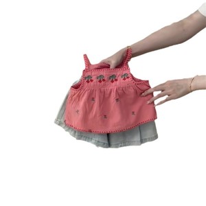 Tongxingyuan Girls' Embroidered Camisole Set Cherry Pattern Denim Shorts Summer Outfit Cotton Fabric Kids Clothing - Product Image 5