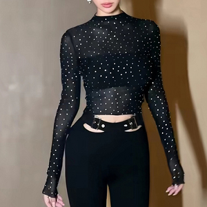 New Style Casual Eco-Friendly Fashion Sexy Sheer <strong>Mesh</strong> Frilled Neck Ladies Blouses and <strong>Tops</strong> Women <strong>Rhinestones</strong> - Product Image 5