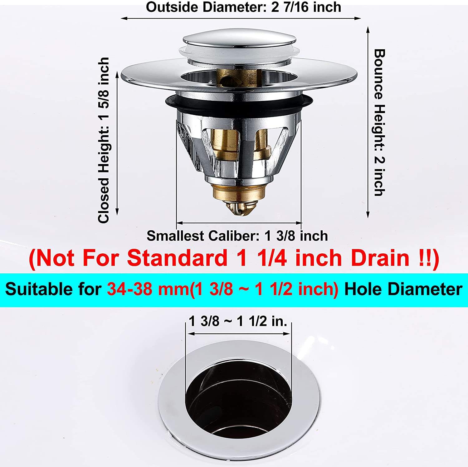 Tappo Scarico Lavabo 35mm Pop-Up Con Meccanismo A Rimbalzo - Ottone Cromato Per Bagno E Cucina - Foto 2