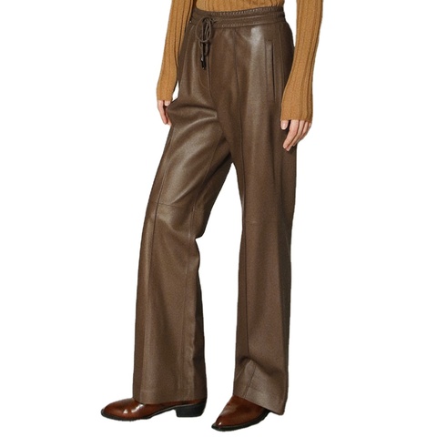 2676 Hot Sale Wide Leg Leather Pants Elastic Waist Long Plain Real Sheep Leather Trousers for Women
