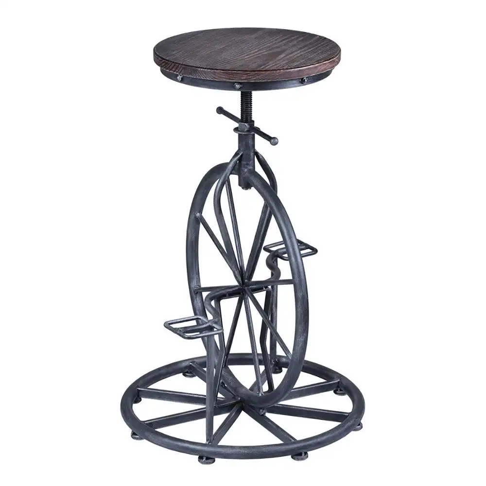 Free Sample Bicycle Design Wooden and Iron Combined Bar Stool with Round Wooden Seat