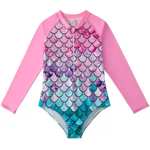 2023 Mermaid Style Little Girls One Piece Bathing Suit 3-12 Children's Long sleeve UPF 50+ Rashguard Shiny Swimming Clothes