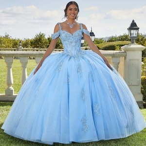 Mumuleo sevgiliye boyun çizgisi dantel aplikler kapalı omuz korse Lce mavi quincedress elbise - Product Image 2