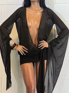 Vestido Coqueto Sexy y <span class=keywords><strong>Chic</strong></span> de Manga Larga con Cuello en V, Sólido, Transpirable, Natural, Ajustado y Mini para Mujer - Product Image 6