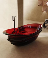 Baignoire Moderne Transparente Rouge 1.8m Autoportante Résine Cristal Solide avec Égouttoir Baignoire de Trempage pour Hôtels