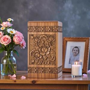 Compre una urna de cremación de madera tallada a mano con diseño floral |   Urna Decorativa para Cenizas de Adultos - Product Image 1