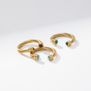 YF8501 Vintage Waterproof Non Tranish 18K PVD Gold Plated Stainless Steel Twist Natural Stone <strong>Tiger</strong> <strong>Eye</strong> Turquoise Open <strong>Rings</strong> - Product Image 4