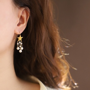 Pendientes de Aro de Acero Inoxidable Hechos a Mano con Estrella Pentagonal, Borla de Perlas y Diseño de Lluvia de Meteoros, de Moda para Fiestas - Product Image 5