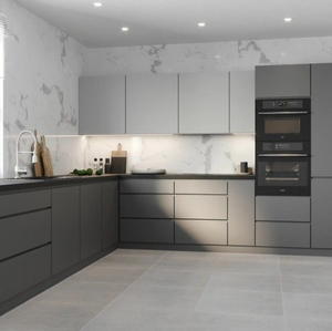 Armoire de cuisine raffinée teintée de gris Armoire en verre dépoli Kitchenette de luxe avec dessus en marbre pour les cuisines de villas haut de gamme - Product Image 6