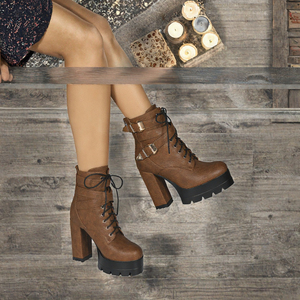 Botines de plataforma marrones para mujer con correa de hebilla, cordones y tacón grueso, zapatos de invierno - Product Image 3