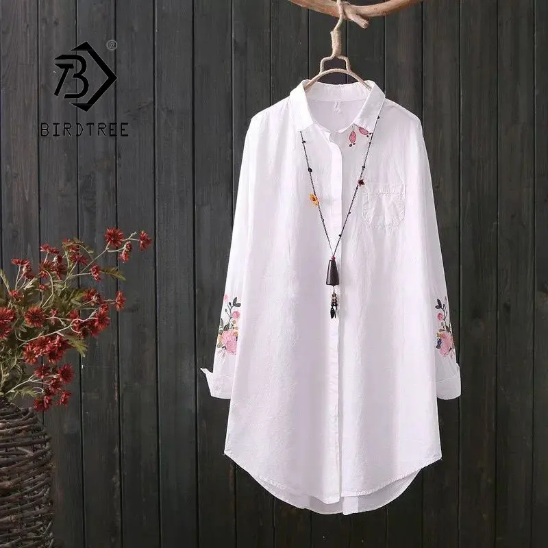 Ethnic Flower Embroidery Long Shirt Women Loose Turn-down Collar Long Sleeve Cotton Blouse Tops Plus Size M-5XL T16609X